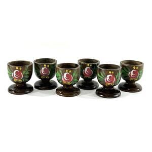 Set of 6 Vintage Hand-Painted Wooden Egg Cups Folk Art Floral 2”